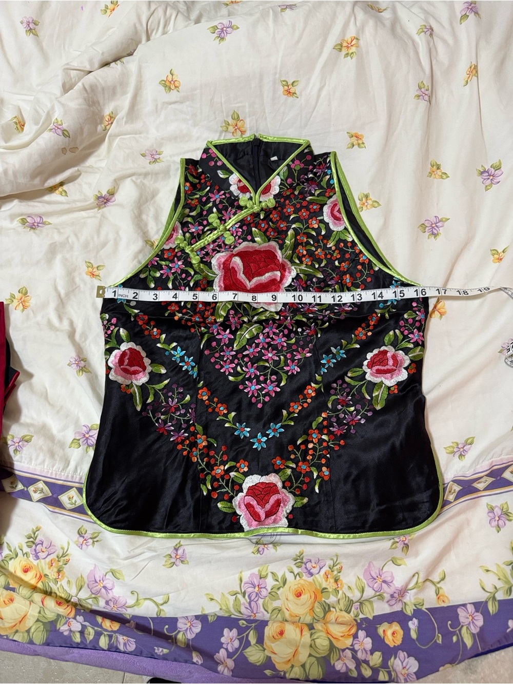Black Embroidered Floral Sleeveless Mandarin Top